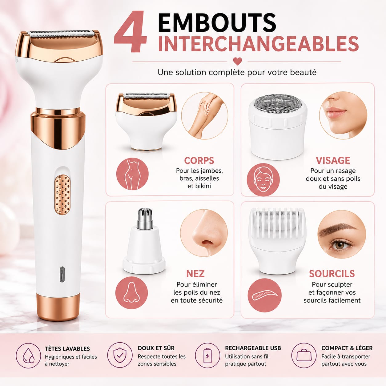 RASOIR ÉLECTRIQUE 4 EN 1 — Beauté Complète, Sans Fil
