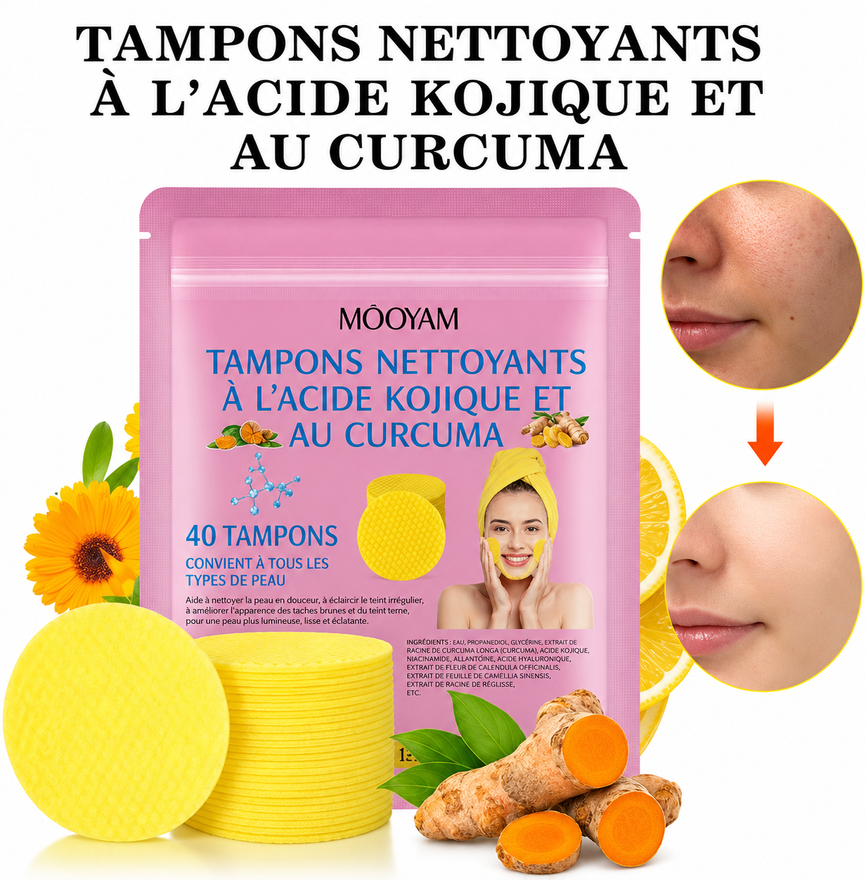 MÔOYAM · Tampons Nettoyants à l'Acide Kojique & au Curcuma